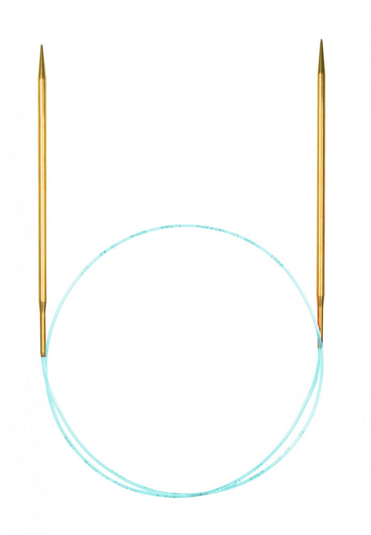 Gold circular Addi Lace knitting needles connected by a blue cord.
