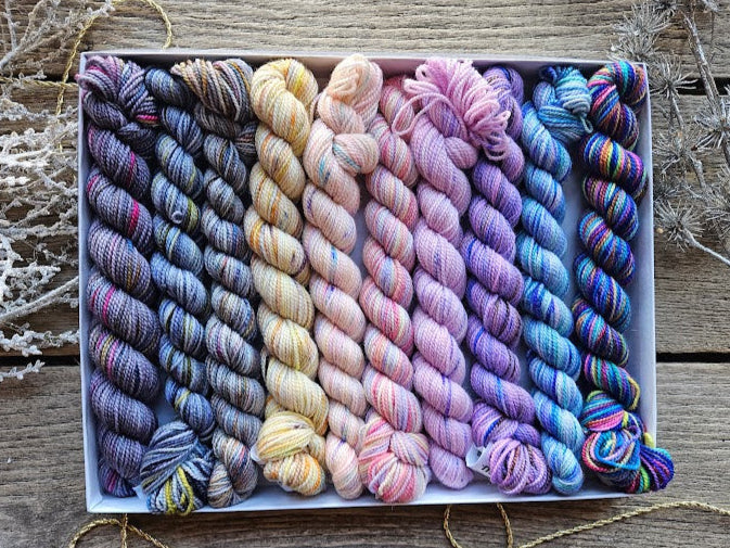 Rectangular package holding ten mini skeins of colorful hand dyed Koigu KPPPM yarn.