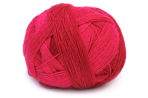One ball of Schoppel-Wolle lace merino yarn in hot pink and red ombré.