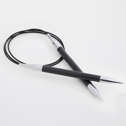 Black circular needles with silver tips connected by a black cord.