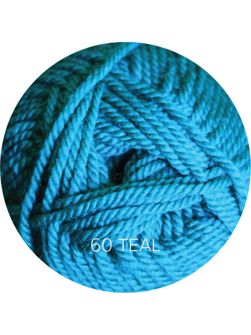 Close up on a teal blue ball of Ewe Ewe Baa Baa Bulky yarn.