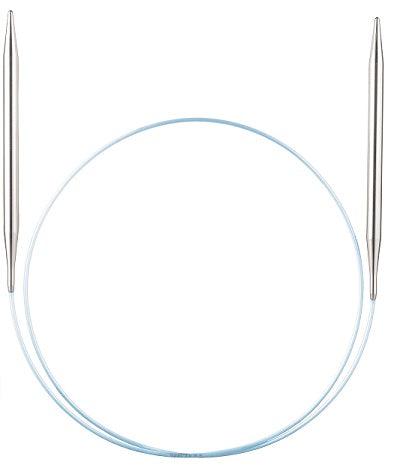 Silver Addi Rocket circular knitting needles connected by a blue cord.