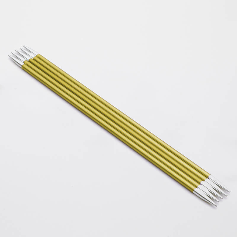 Set of 5 chartreuse Zing double pointed neeedles with silver tips.