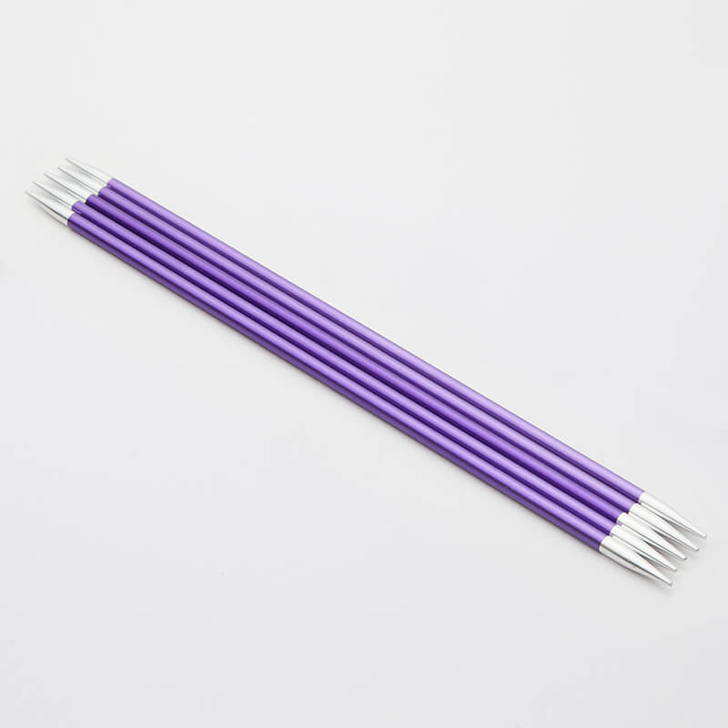 Set of 5 purple Zing double pointed neeedles with silver tips.