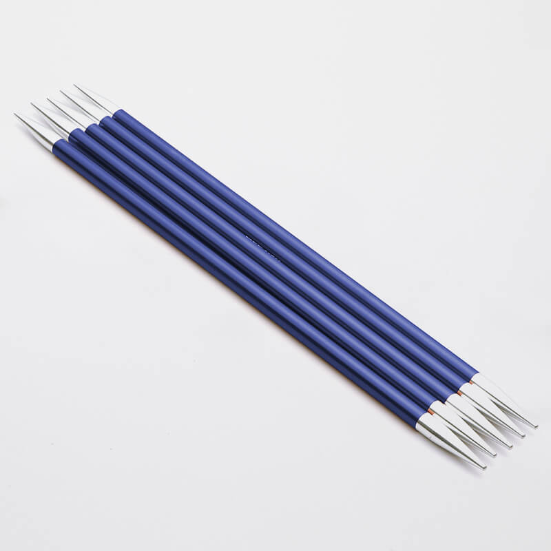 Set of 5 blue Zing double pointed neeedles with silver tips.