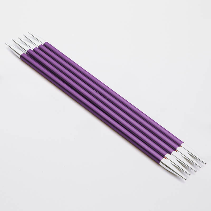 Set of 5 purple Zing double pointed neeedles with silver tips.