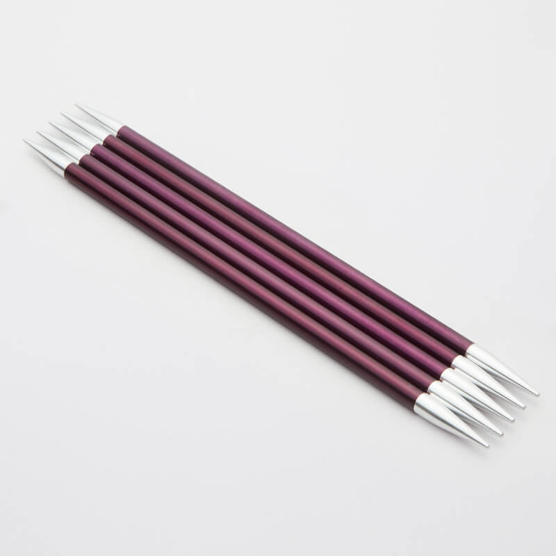 Set of 5 eggplant purple Zing double pointed neeedles with silver tips.