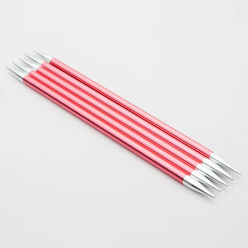Set of 5 pink Zing double pointed neeedles with silver tips.