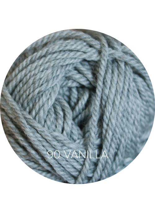 Close up on a heathered gray ball of Ewe Ewe Heather’s Heathers yarn.