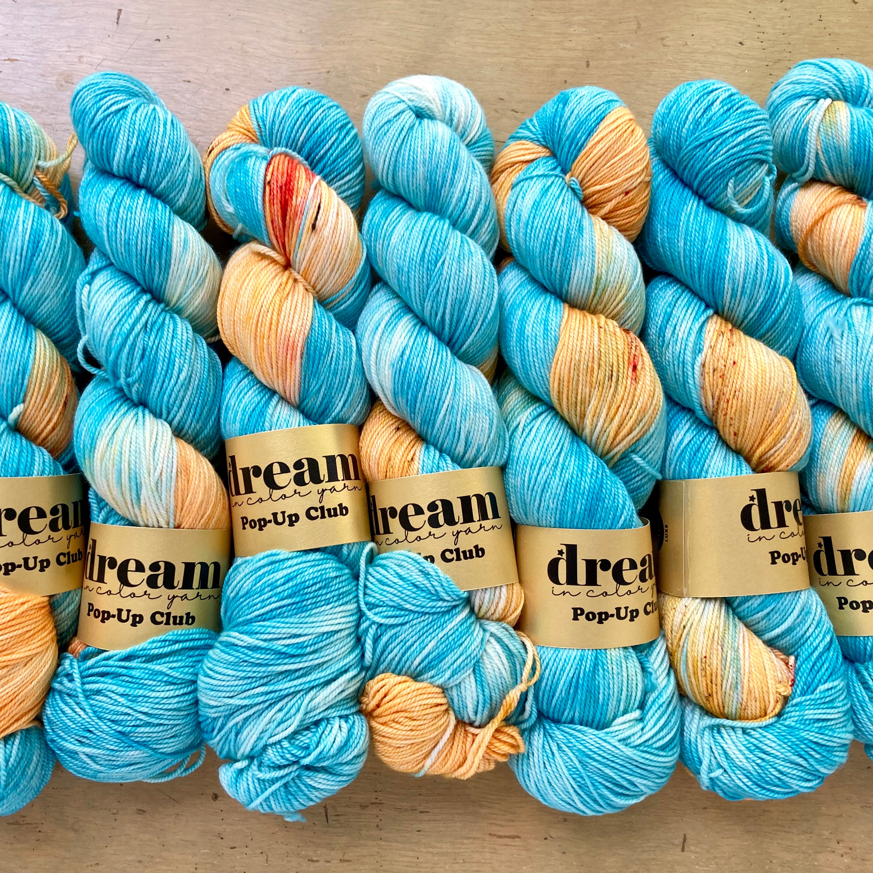 Variegated aqua and marigold skeins of Dream in Color Smooshy Cashmere yarn, for sale at Hillsborough Yarn Shop, NC, USA. Colorway Acrid