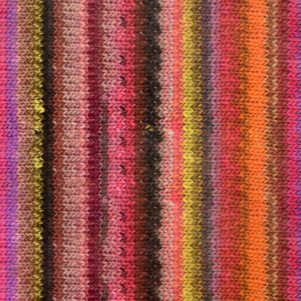 Knit swatch of Noro Ito yarn in shades of pink, red, orange, and mustard yellow. 