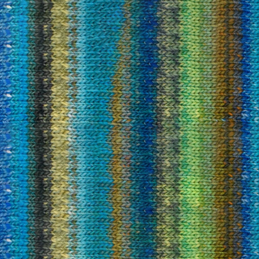 Knit swatch of Noro Ito yarn in shades of turquoise, olive, and blue. 