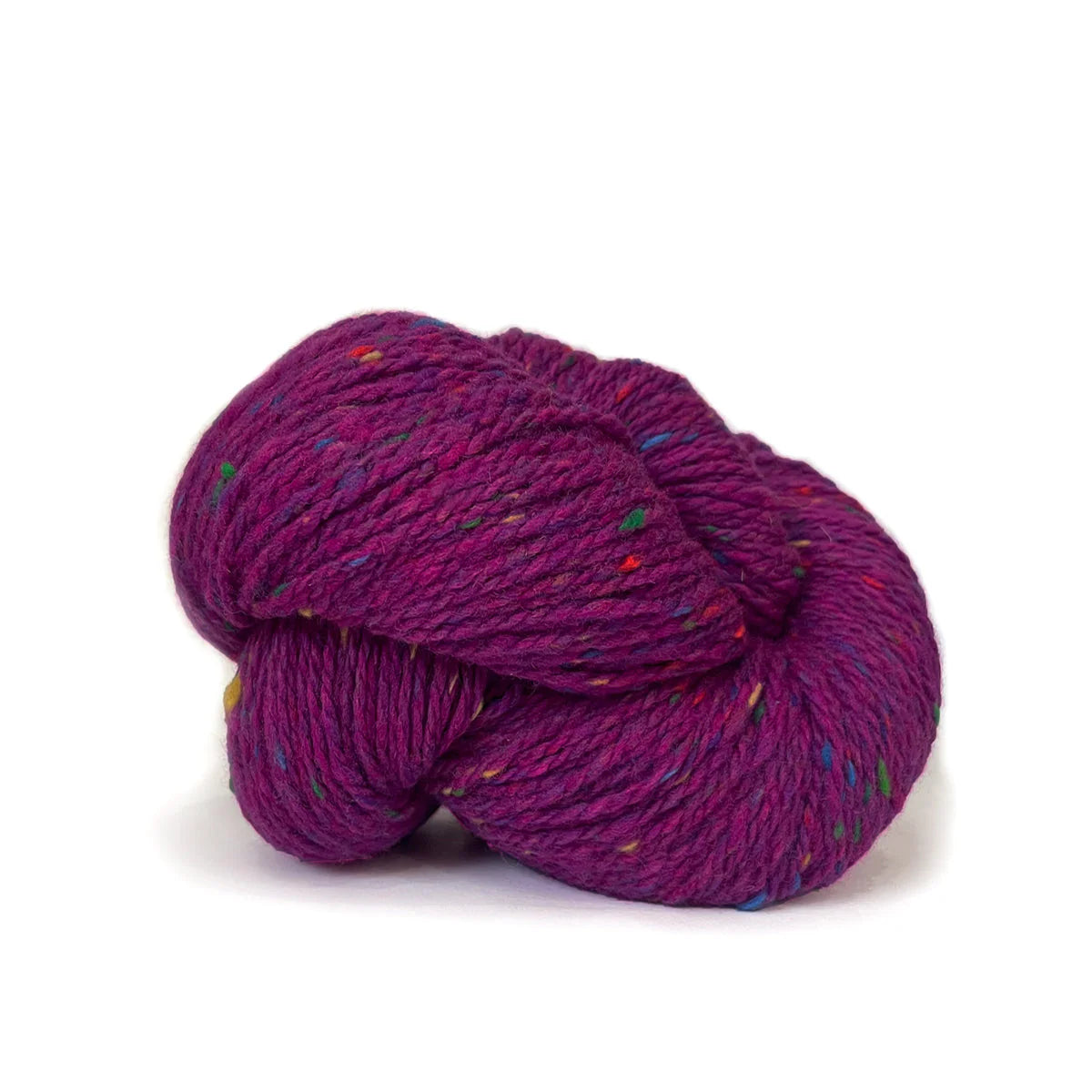 Skein of magenta Kelbourne Woolens Lucky Tweed yarn. 