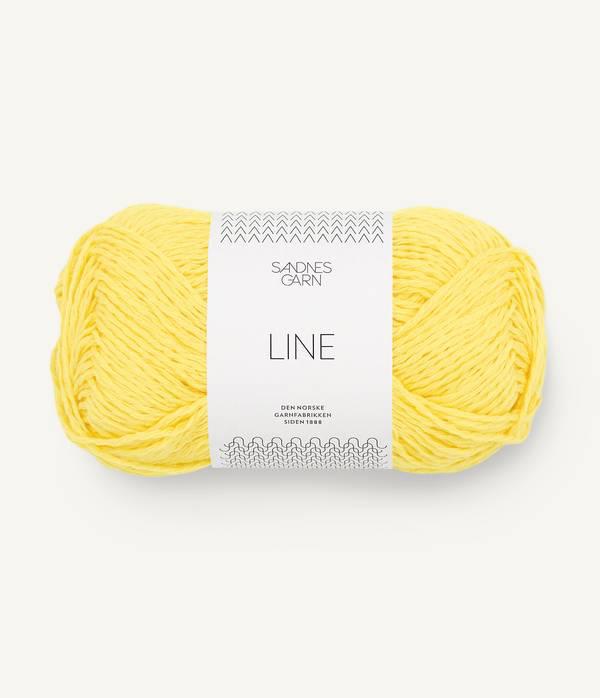 Bright yellow ball of Sandnes Garn Line yarn. 