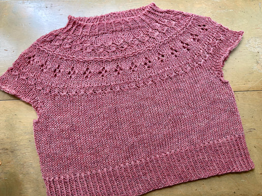 Pink handknit sweater with short sleeves and lace design at yoke, lying on a wooden surface on display at the Hillsborough Yarn Shop. 