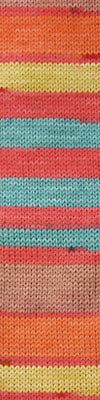 Knit swatch with aqua, coral, and orange stripes. 