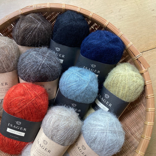 Basket of colorful balls of Isager Soft Fine - Isager Yarn - Hillsborough Yarn Shop, NC, USA.