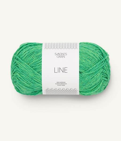 Bright green ball of Sandnes Garn Line yarn. 