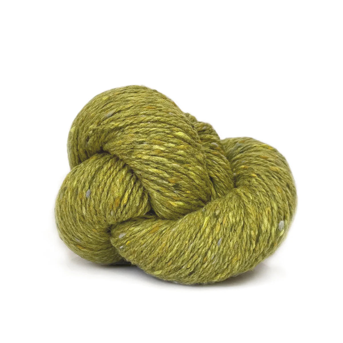 Skein of acid green Kelbourne Woolens Lucky Tweed yarn. 