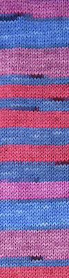 Knit swatch with pink, purple, and blue stripes. 