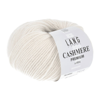 Ball of white Lang Cashmere Premium yarn. 