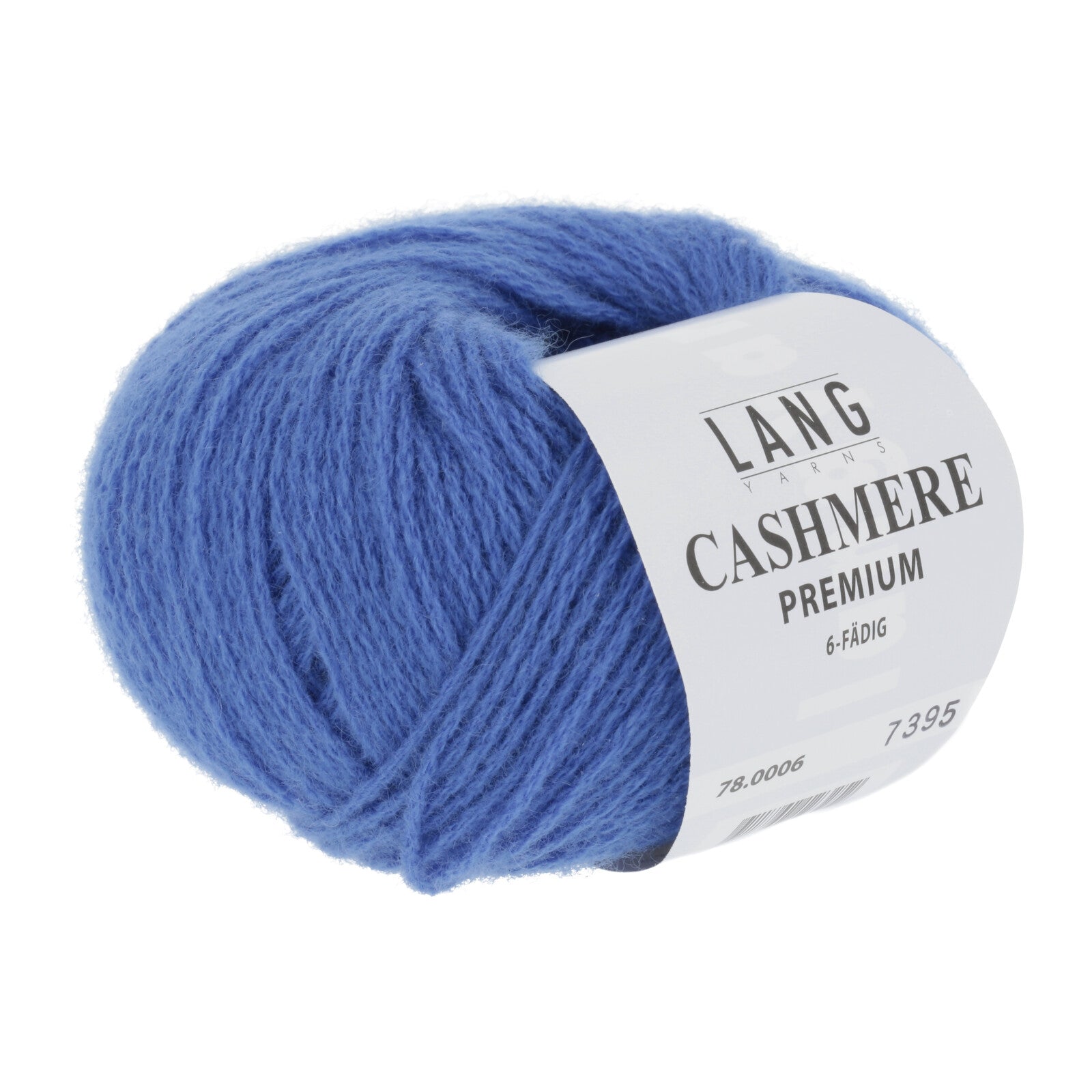 Ball of bright blue Lang Cashmere Premium yarn. 