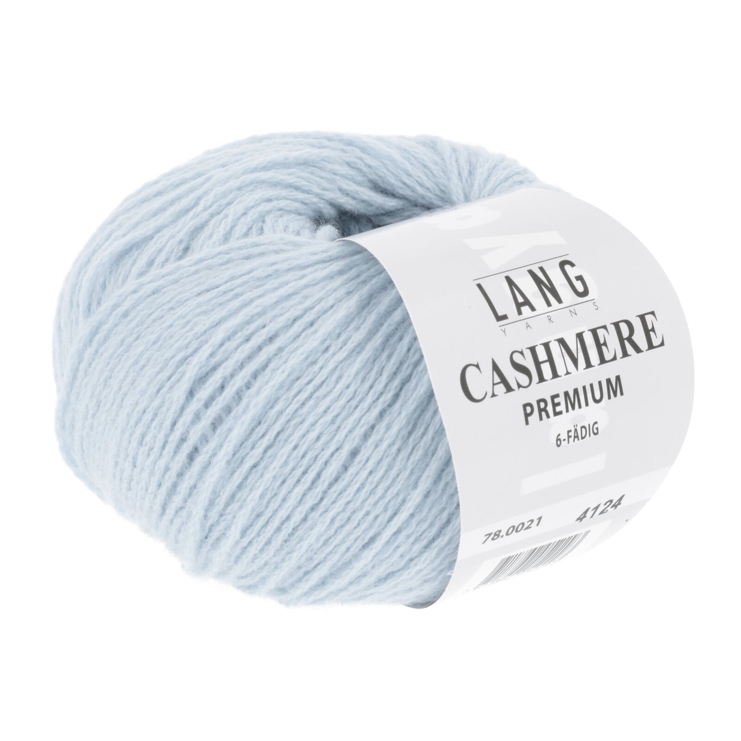 Ball of light blue Lang Cashmere Premium yarn. 