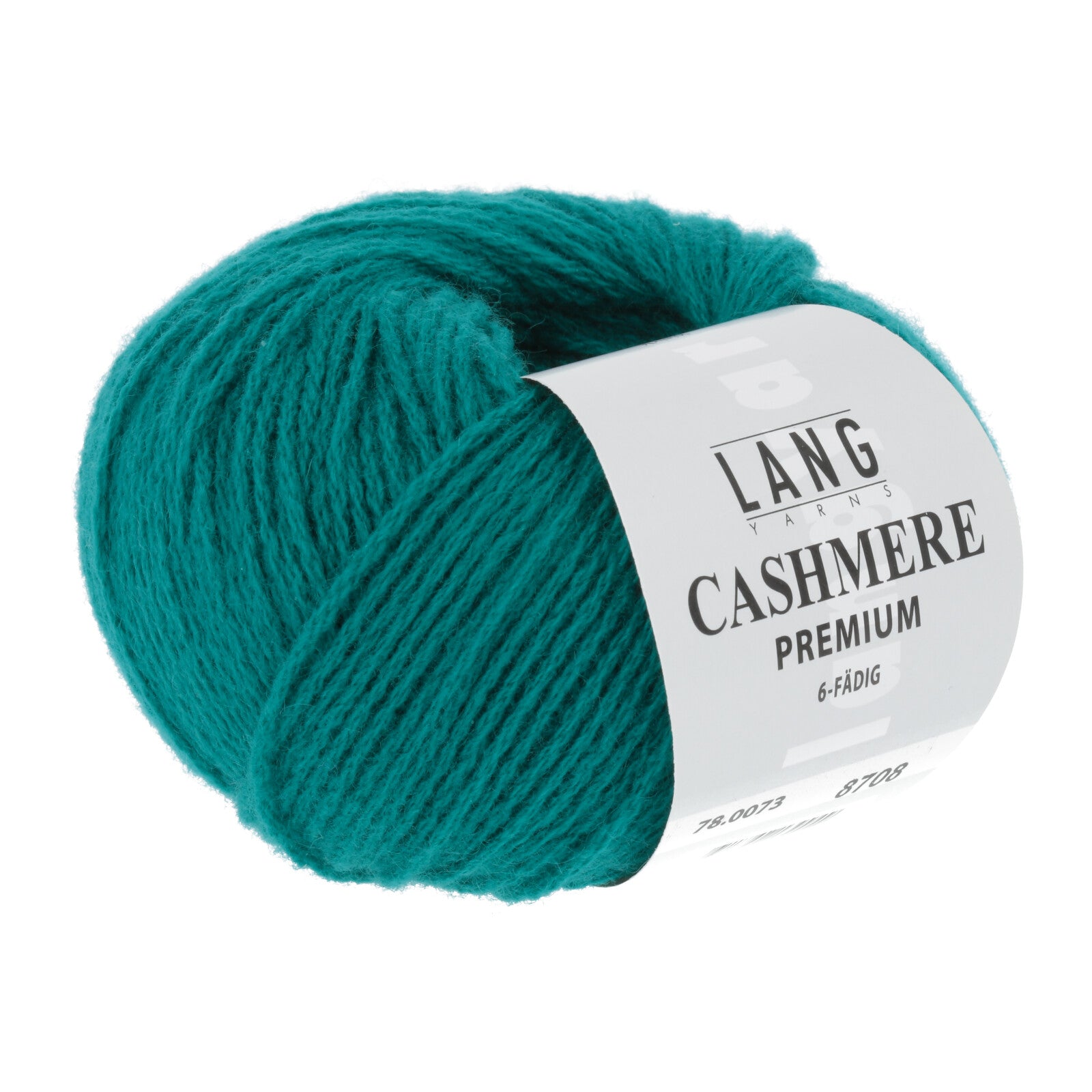 Ball of teal Lang Cashmere Premium yarn. 