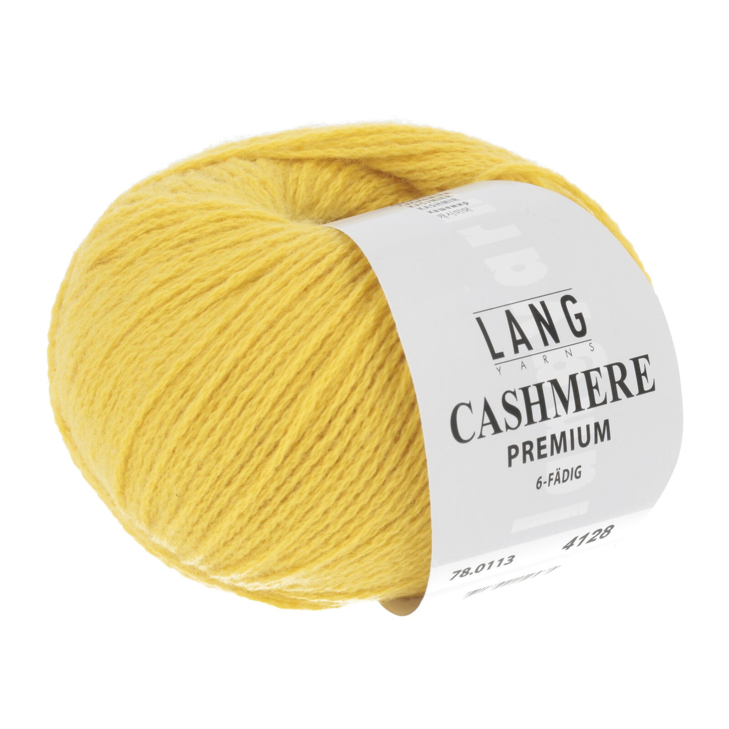 Ball of bright yellow Lang Cashmere Premium yarn. 