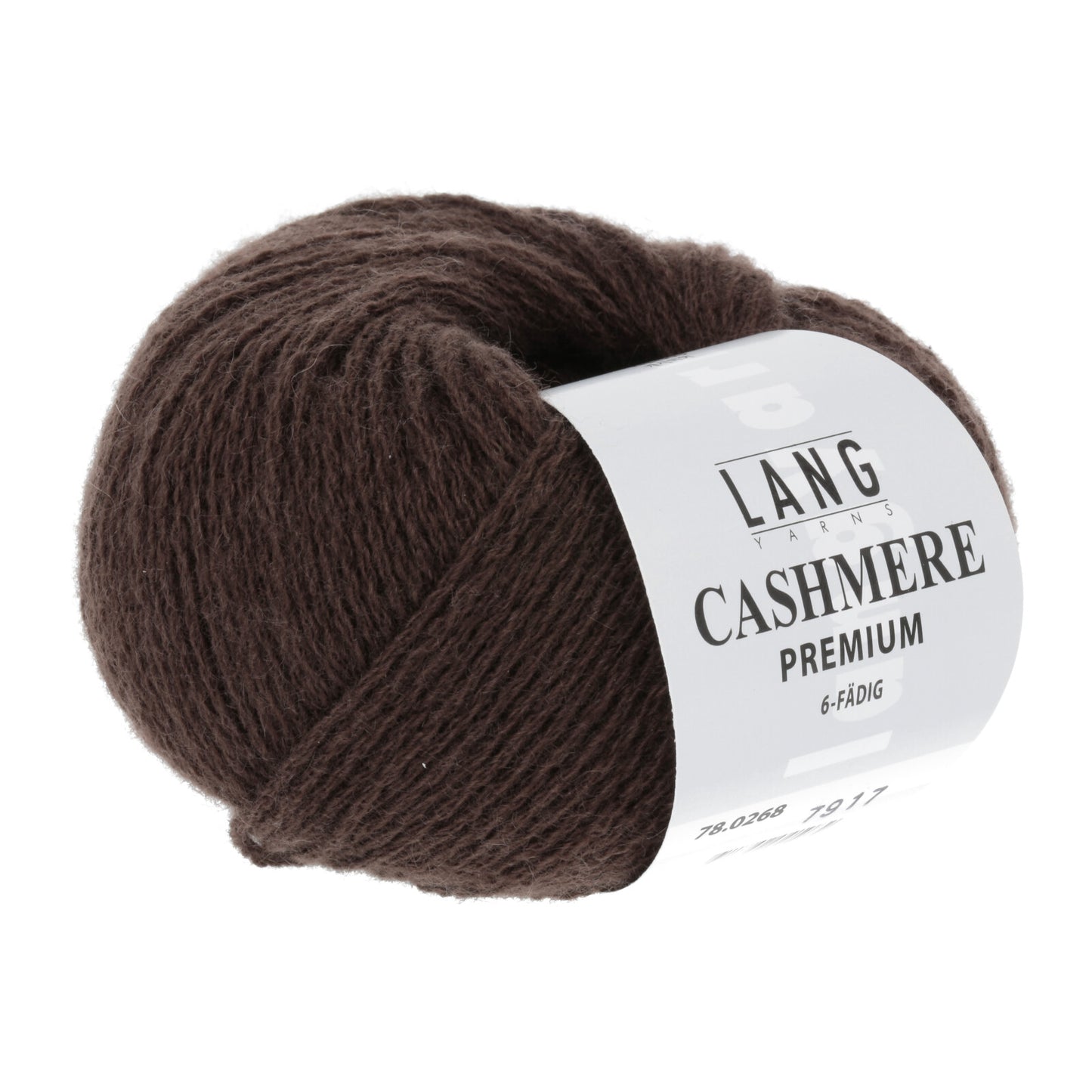 Ball of chocolate brown Lang Cashmere Premium yarn. 