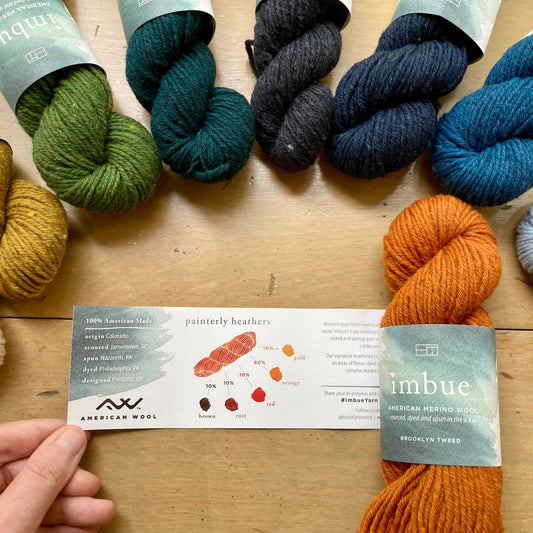 Hand holding a label from Brooklyn Tweed Imbue Worsted yarn, showing a drawing of how dyed fiber is blended to make heathered colorways. The hand holding the label is surrounded by colorful skeins of yarn. 