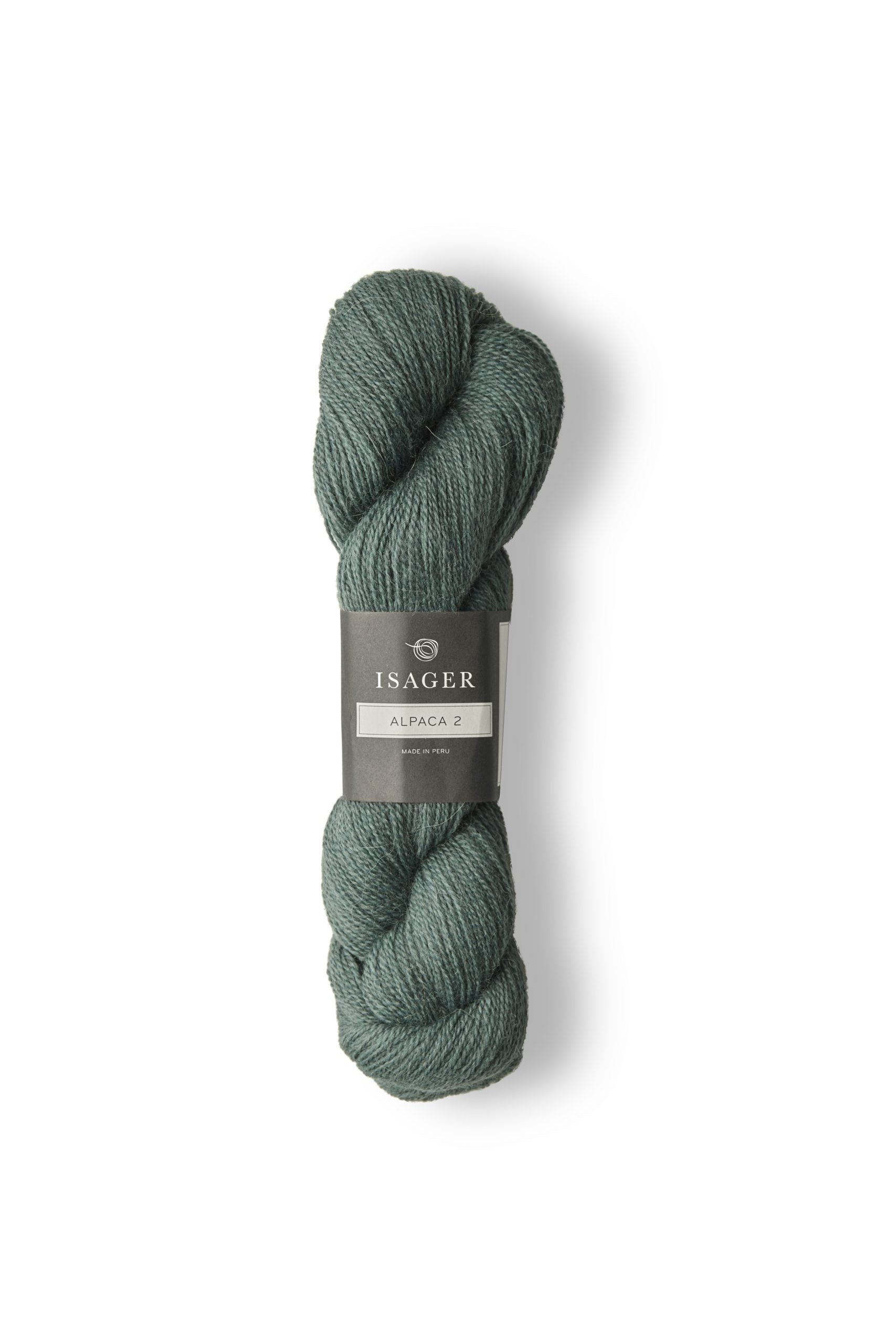 Skein of teal blue Isager Alpaca 2 yarn in color 16. 