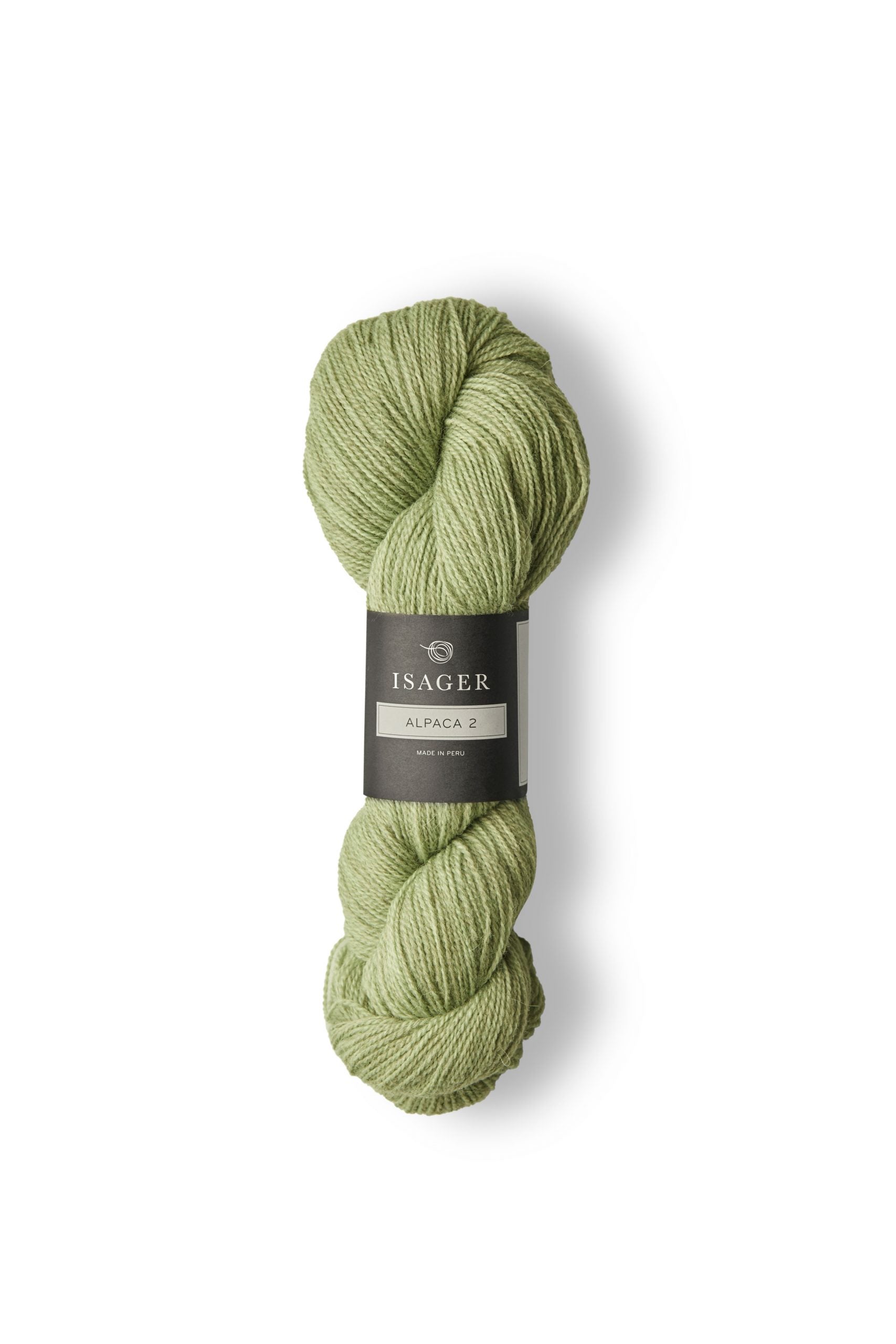 Skein of light green Isager Alpaca 2 yarn in color 46. 