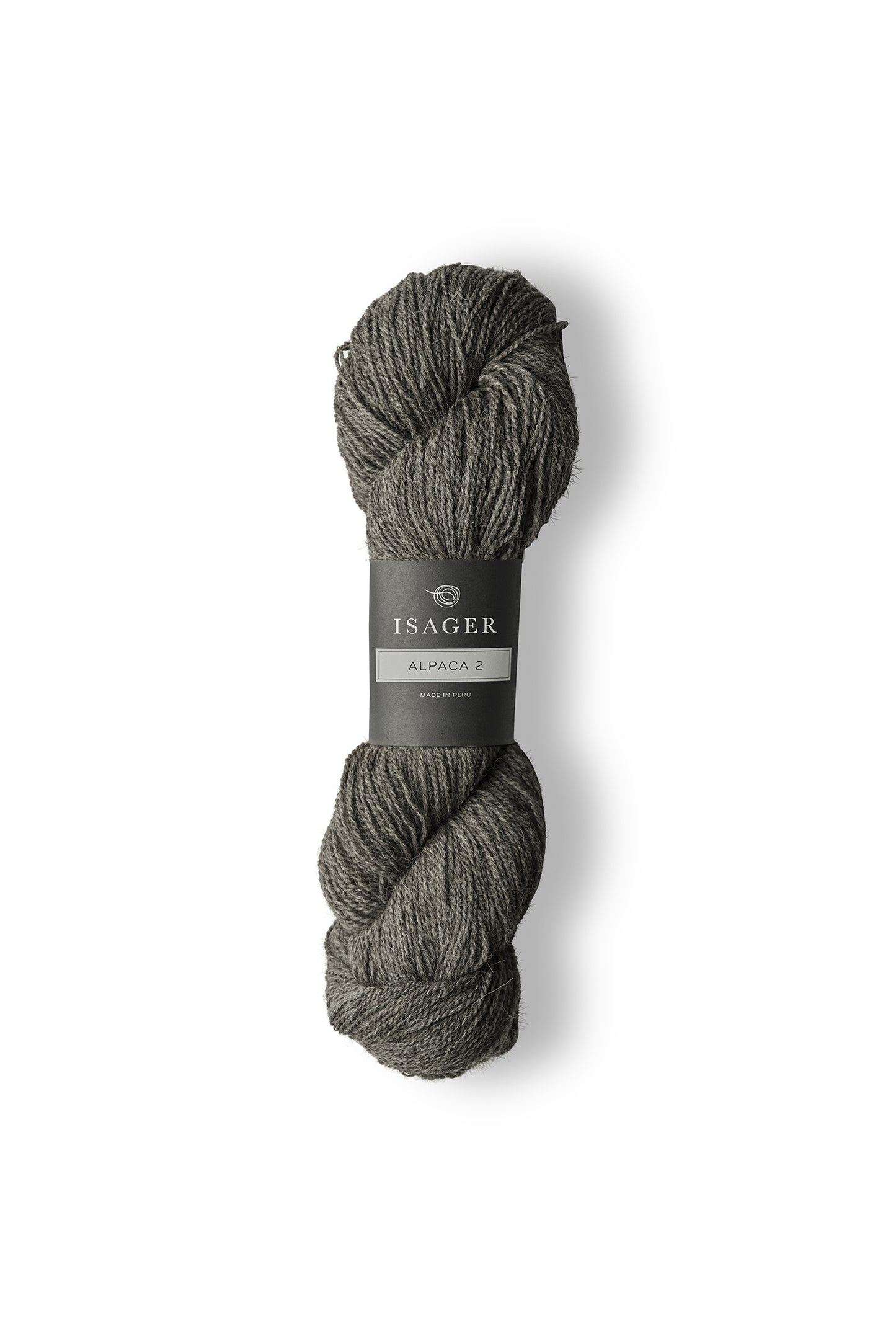 Skein of heathered charcoal Isager Alpaca 2 yarn. 