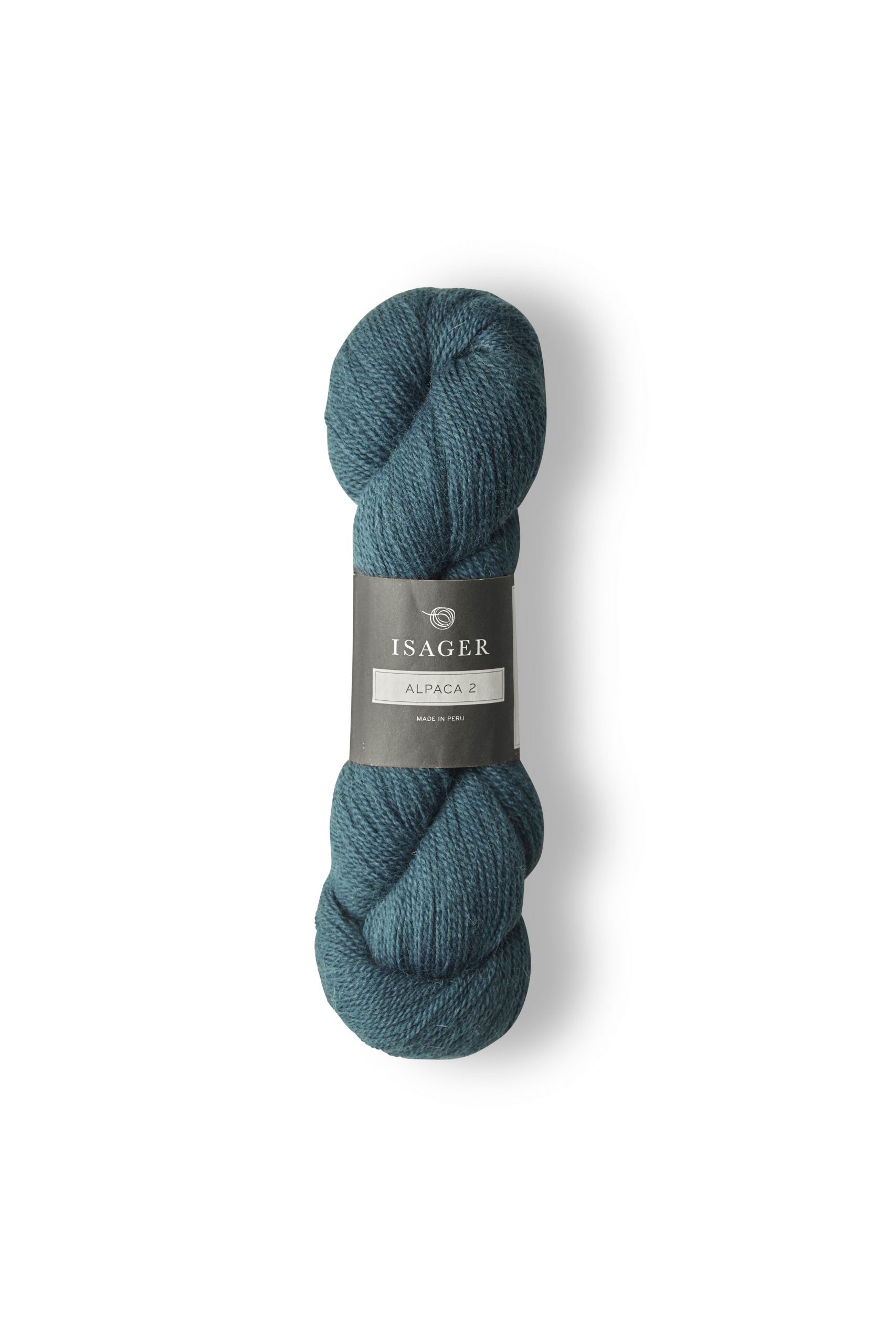 Skein of bright teal blue Isager Alpaca 2 yarn in color 54. 