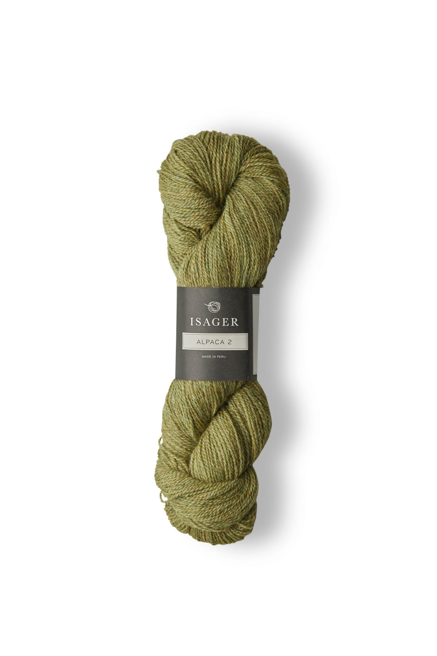 Skein of heathered green Isager Alpaca 2 yarn in color thyme. 