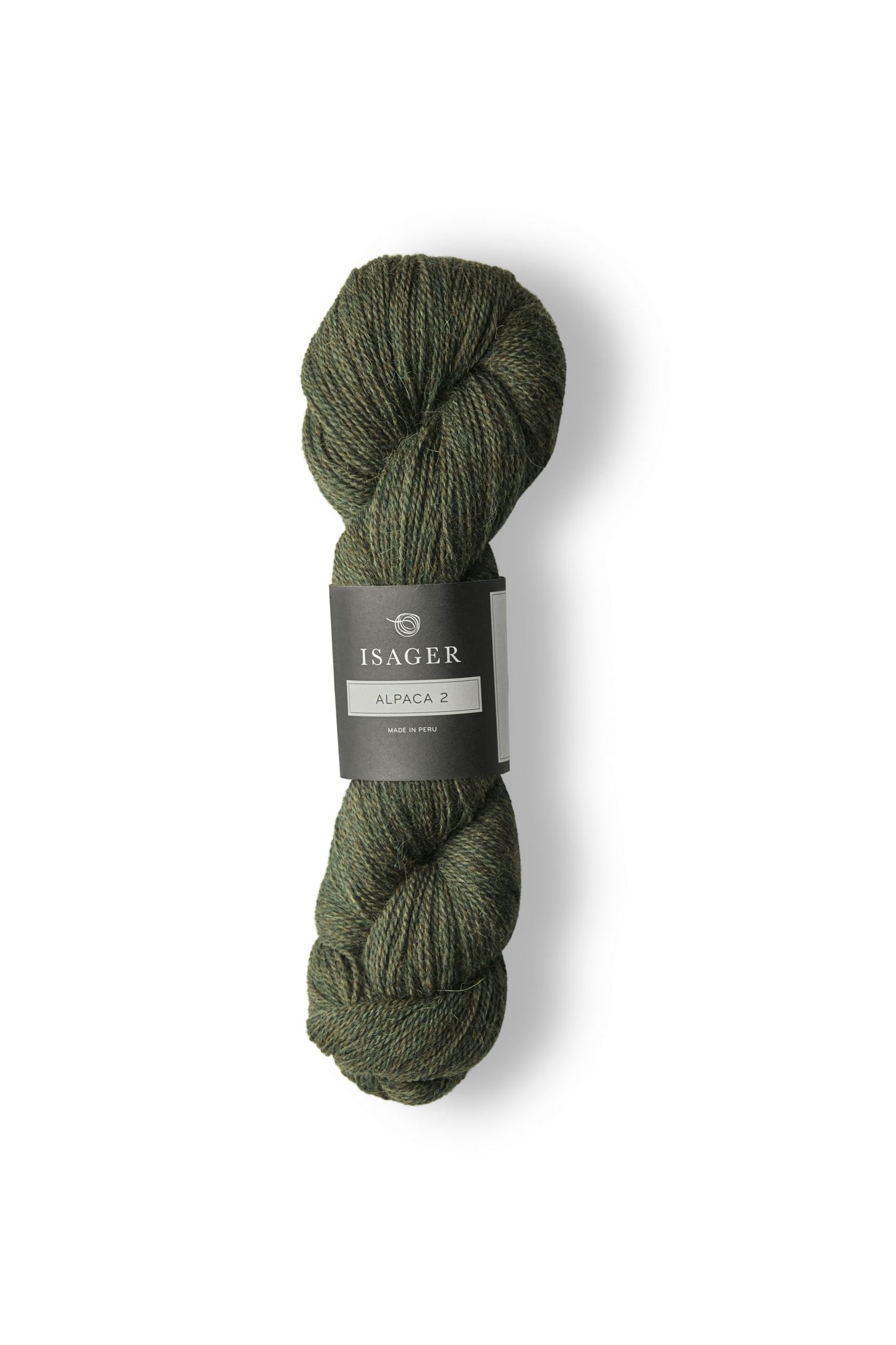 Skein of dark heathered green Isager Alpaca 2 yarn in color forest. 