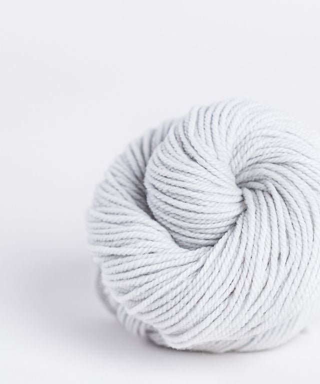 Skein of light gray Brooklyn Tweed Arbor yarn in color Thaw - Hillsborough Yarn Shop - Hillsborough, NC, USA. 