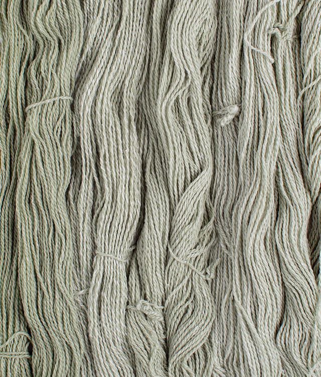 Skeins of light sage green Brooklyn Tweed Dapple yarn. 