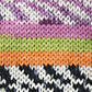 Knit swatch with orange, pink, green, black and white stripes. 