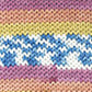 Knit swatch with pink, yellow, orange, blue and white stripes. 