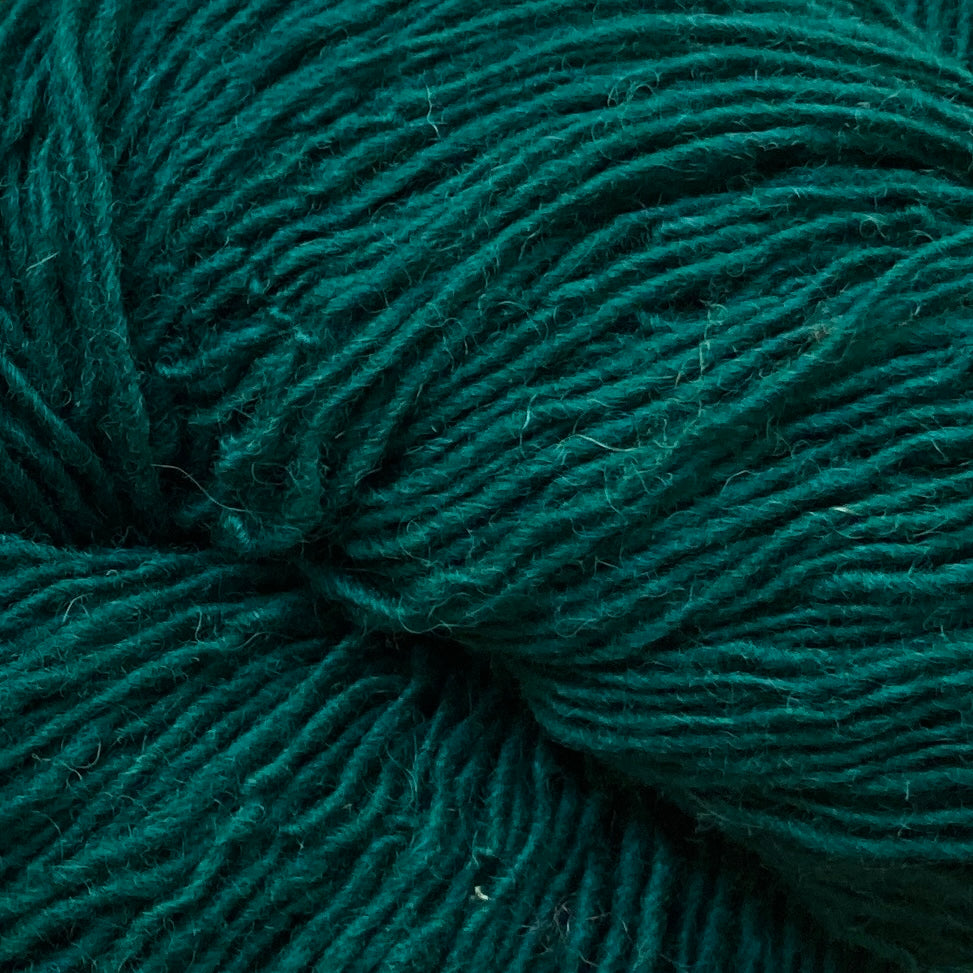 Close up on a dark forest green skein of Briggs & Little Sport yarn. 