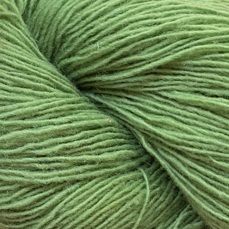 Close up on a bright kiwi green skein of Briggs & Little Sport yarn. 