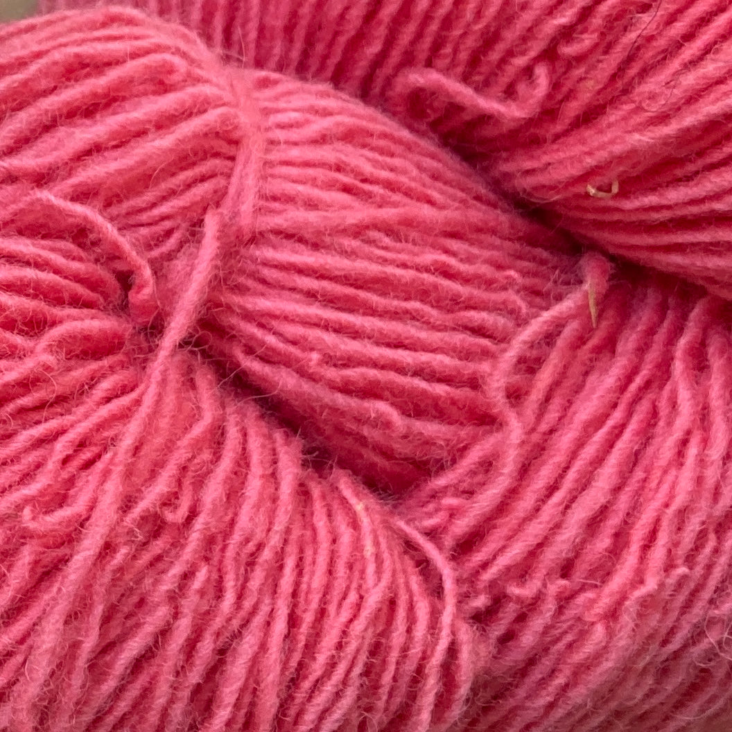 Close up on a bright pink skein of Briggs & Little Sport yarn. 