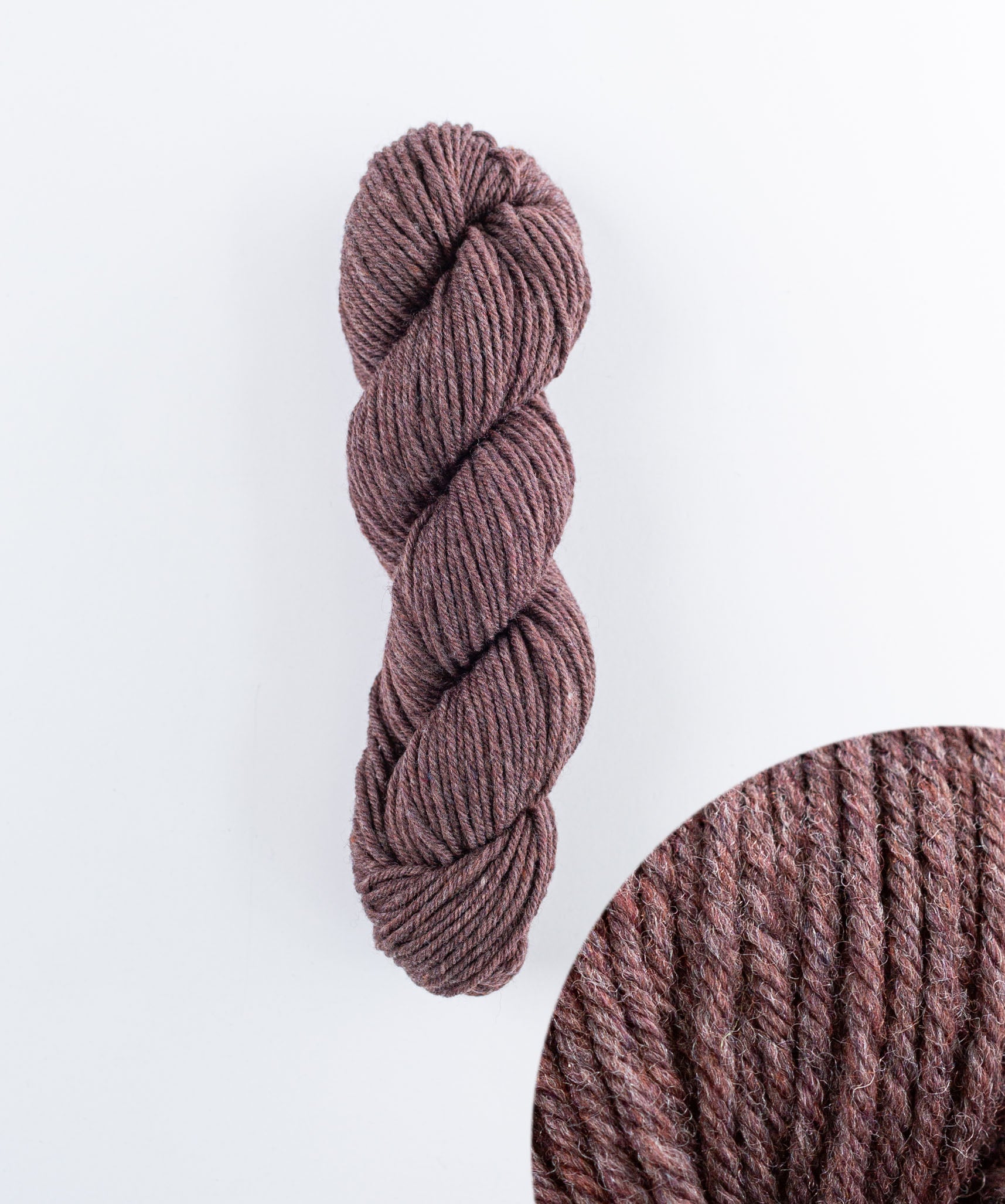 Skein of soft bark brown Brooklyn Tweed Imbue Worsted yarn. 