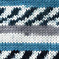 Knit swatch with blue, gray, black and white stripes. 