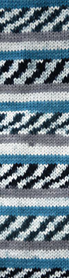 Knit swatch with blue, gray, black and white stripes. 