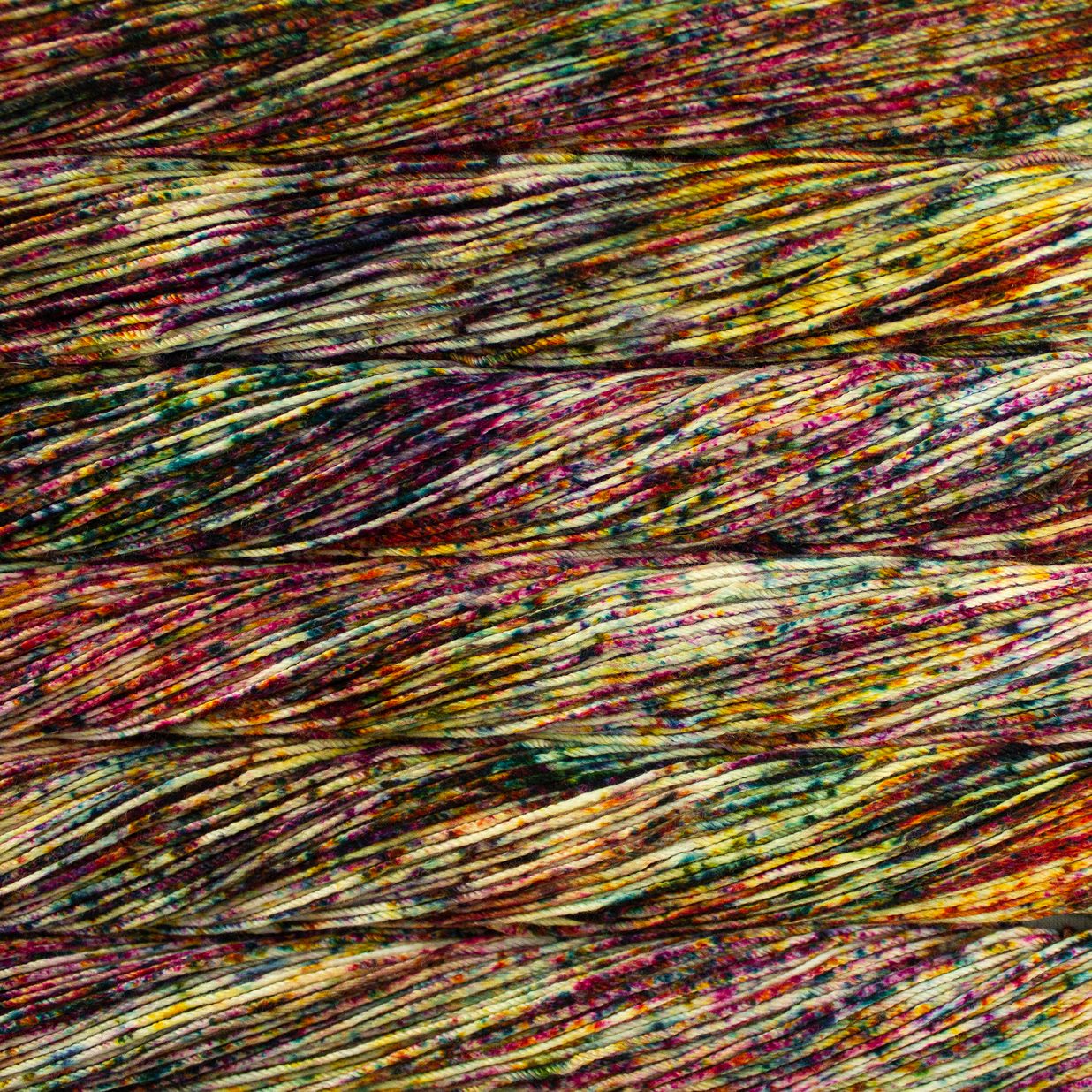 Skein of speckled red, green, and yellow Malabrigo Caprino yarn. 