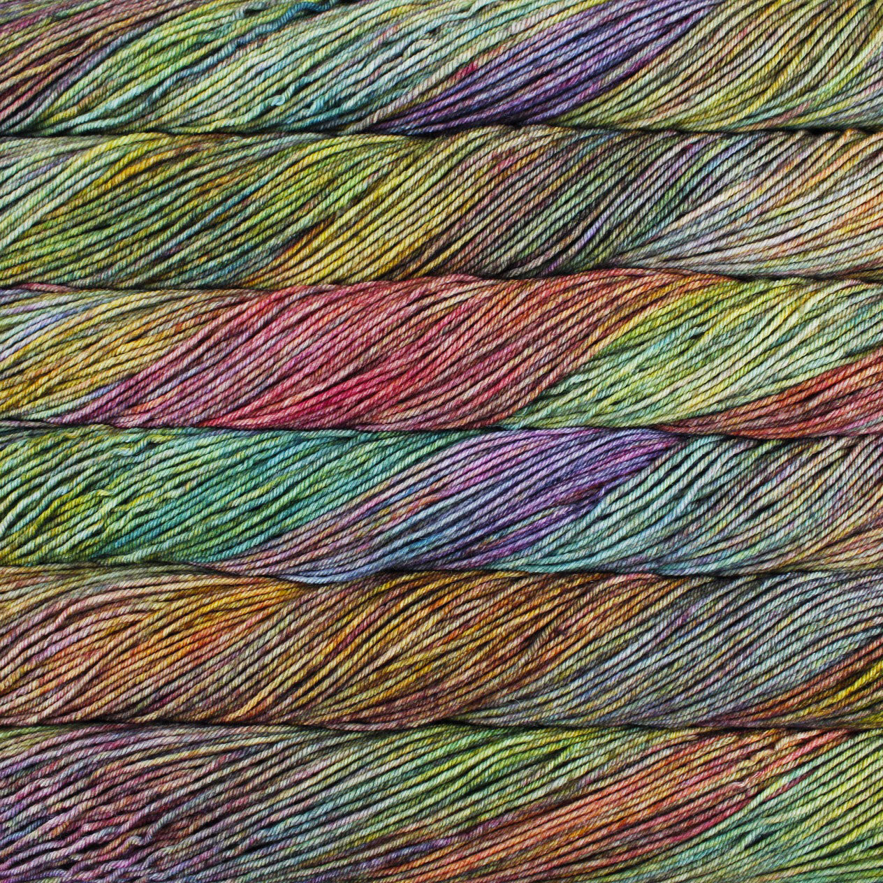 Skein of variegated green, rust, purple and red Malabrigo Caprino yarn. 