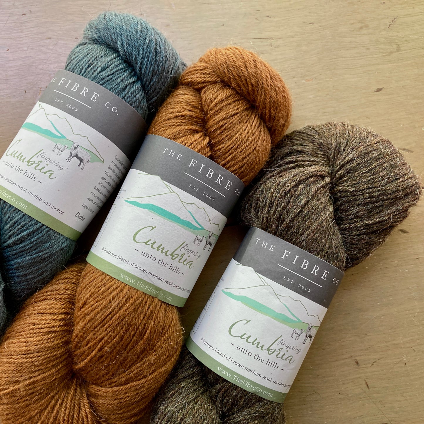 3 skeins of Fibre Co. Cumbria Fingering yarn on a wooden surface, in shades of teal, orange, and brown. 